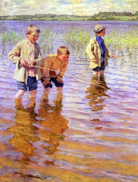 子供 Painting - 午後の釣り ニコライ・ボグダノフ ベルスキーの子供たち 印象派